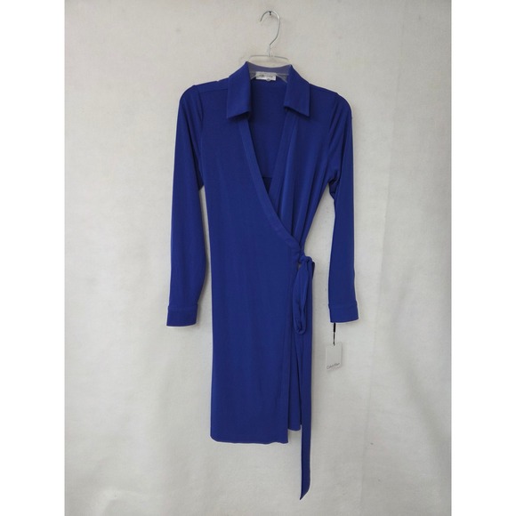 Calvin Klein Dresses & Skirts - Calvin Klein Womens Royal Blue Long Sleeve Collared Wrap Dress Sz 6 CD6A1RWC New